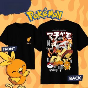Bandai | Anime Pokémon Torchic Evolution Printed Cotton T-shirt Summer Mens and Womens Harajuku Clothing Fashion Casual Street T-shirt