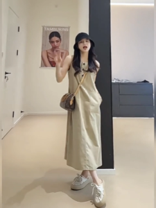 ZANZEN Korean Women Sleeveless Dress Autumn Holiday Casual Loose Solid Color with Pocket Baggy Long Dress