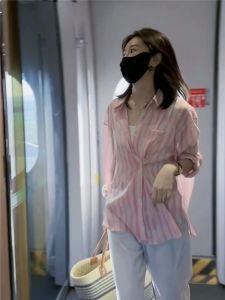chaqi | Pink Striped Ladies Summer French Style Designer UV-Protective Shirt