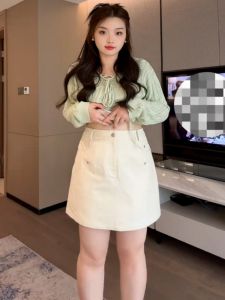 กระโปรงทรงเอเอวสูงไซส์ใหญ่สำหรับผู้หญิง กระโปรงสั้นทรงเอปิดหน้าท้องช่วงต้นฤดูใบไม้ผลิ กระโปรงสั้นทรงเอสำหรับผู้หญิงไซส์ใหญ่