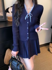 Korean Style College Vibes Womens Mixed Media Knitted Cardinal up Skirt And Blouse Early Autumn A-Line Stand And Slat