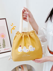 ผู้หญิง กระเป๋าถือผ้าแคนวาส เชือกรูด กระเป๋าใส่อาหารกลางวันทรงถังพกพา นุ่ม ผ้าสวมใส่สบายสด หวาน สไตล์สําหรับสํานักงานและนักเรียน