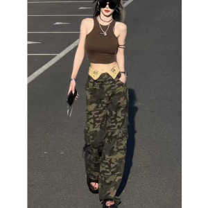 Street Style American Hot Girl Color Block Letter Print Camouflage Work Pants Summer Versatile Wide Leg Jeans Low Waist Long Trousers