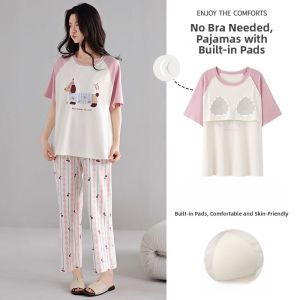 Miiow | Cat Person Summer Sleepwear Womens Short Sleeve Casual Breathable Home Clothes Set Youth Cotton Comfortable Loose Style