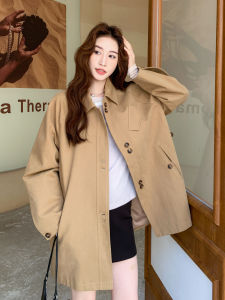 Khaki British Style Vintage Casual Loose Womens Coat 2025 Autumn New Middle-Length Single-Button Fastening Pure Color Coat