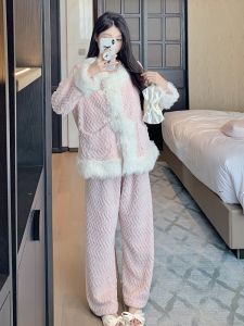 Moushi Coral Fleece Pajamas Womens Style Autumn Winter Thickened Long Sleeve Home Clothes Set Sweet Home Living Wear