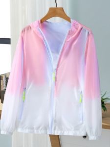 Ice Silk Womens Summer Thin Breathable UV Protection Clothing Outerwear Large Size Skin Shirt Polyester Fabric Zipper Closure