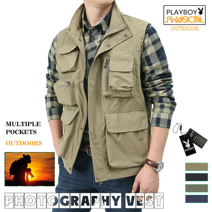 PLAYBOY Men's Unloading Vest Tactical Webbed Gear Coat Summer Photographer Waistcoat Tool Many Pocket Mesh Work Sleeveless Jacket Male