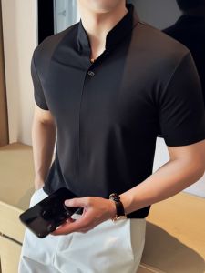 New Chinese Style Stand Collar Shirt Mens Summer Short Sleeve Fancy Stretch Polo Shirt Ice Silk V Neck T-Shirt Handsome Top Clothes
