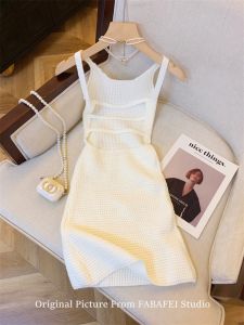 Pure Desire Style Open Back Knitting Dress Womens Summer Seaside Vacation Sleeveless Strap Vest Dress Elegant Hip Skirt