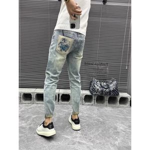 Summer Thin New High-End European Style Embroidered Jeans Mens Trendy Brand Ripped Slim Fit Long Pants Youth Pop Style