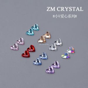 New Arrival 6mm Small V Heart Shaped Colorful Nail Art Drill Flat Bottom Drill Nail Stickers Gold Base Drill Nail Art Accessories