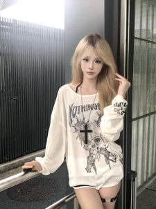 เสื้อยืดแขนยาวผู้หญิง สไตล์อเมริกันย้อนยุค สไตล์สาวฮอต หลวมๆ บางๆ เสื้อชั้นในฤดูใบไม้ผลิและฤดูใบไม้ร่วง เสื้อคลุมด้านนอก