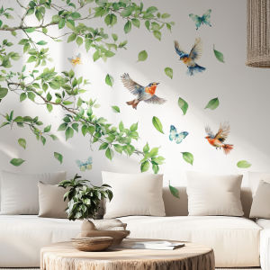 Home Decoration Gift Green Plant Vine Wall Stickers Branch Birds  Decal Self-adhesive Mural Art Bedroom Ornament