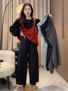 Womens Casual Straight Leg Pants Elastic Waist Button Decorated Nine Points Grandmother Pants Autumn New Style Versatile Loose Fit