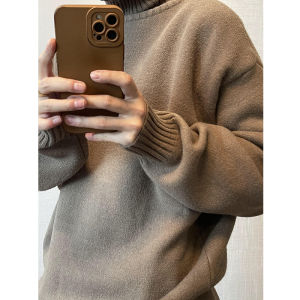 Dannyandzee Autumn Winter Retro All-Matching Fleece-Lined Thickened Bandage Dress Heattech Fit Pure Color Turtleneck Sweater Men