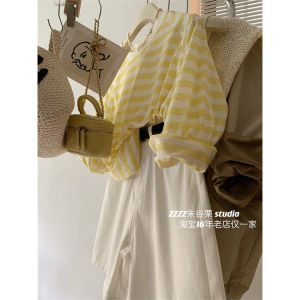 Summer Lemon! Contrast Color Stripes Snowflake Cotton Sun Protection T-shirt Womens Fashionable Dopamine Air Conditioning Shirt Thin Smock Top