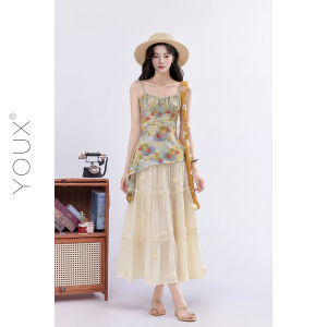 YOUXIANG | Bộ Đầm Ngắn Hoa Văn Không Quy tắc Phong Cách Pháp Mùa Hè