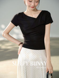 Asymmetric V-neck Waist Cinching T-Shirt
