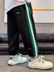 Boys Fleece Lined Loose Sports Pants Spring Autumn Winter mid Waist Elastic Belt Long Trousers for Children And Teens