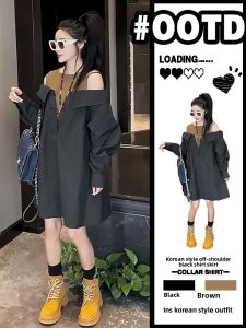 YILU | Plus Size Color Block Off-Shoulder Concealing Dress