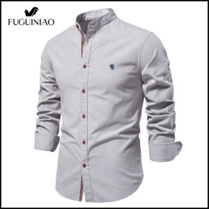 Fuguiniao Người Đàn Ông Đứng Áo Sơ Mi Giản Dị 100% Cotton áo thông dụng màu trơn cho nam Tay áo dài Thương hiệu chất lượng cao Áo Sơ Mi Cho Nam Giới