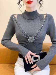 Elegant French Style Long Sleeve Knitted Sweater Shoulder Hole Hollow out High Collar Womens Base Shirt Bohemian Fashion