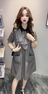 Fashionable Casual Womens Shirt Dress Korean Style Summer New Arrival Short Sleeve Polo Collar Patchwork Color Commute Dress