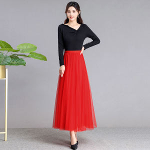 Elegant Red Mesh A-Line Midi Skirt for Women High Waist Slimming Mom Dance Skirt Super Fairy Tale Half-length Gown