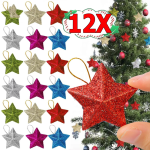 12pcs Glitter Star Christmas Tree Ornament / DIY Christmas Tree Hanging Ornament / Gold Onion Powder Star Crafts / Party Home Decoration Accessories Supplies