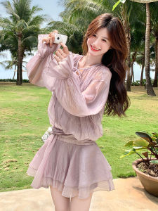 Romantic Purple Korean Style Fake Two-Piece Dress Womens Summer New Light Maturity Beautiful First Love Dress A-Line Skirt