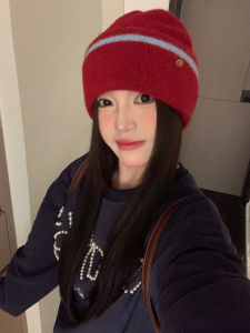 Korean Style Wool Blend Knitted Hat Womens Large Head Size Warm Face Slimming Stripe Pattern Casual Autumn Winter Cap