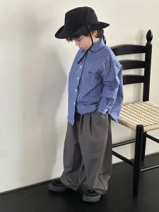 Boys Casual Long Sleeve Shirt Childrens Plaid Spring Autumn Wear Blue Babys Trendy Outerwear Comfortable Breathable Cotton