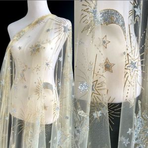 100 x 150cm Star Moon Hot Stamped Star Sticker Sparkling Sequin Mesh Dress Performance Cloth Fabric