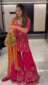 PRE ORDER 15 DAYS - READYMADE EMBROIDERED GEORGETTE PAKISTANI SUITS WITH SHARARA PANTS