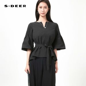 S·DEER | Slimming V-Neck Waist-Cinching Pleated Bell-Sleeve Asymmetrical Autumn Womens Shirt