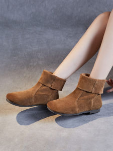 Comfortable Flat Bottom Soft Leather Short Boots Womens Autumn Winter New Style Retro Artistic Faux Suede Mid-Calf Boots