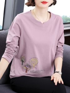 Pure Cotton Long Sleeve T-Shirt Womens Versatile Base Shirt Moms Spring Autumn Fashionable Top Middle-Aged And Elderly Clothing