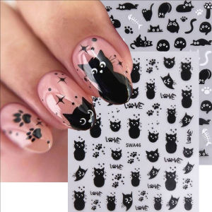 Black Cat Nail Stickers 3D Cute Cartoon Animal Nail Decal Self-Adhesive Nail Art Slider Sticker Decoration