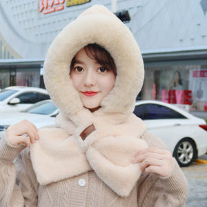 Thickened Fluffy Scarf Hat Two-In-One Winter Warm Ear Protection Cycling Cap Womens Style Polyester Fiber round Top Hat