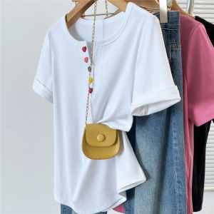 Summer Womens Short Sleeve T-Shirt Rainbow Button V-Neck Loose Fit Cotton Sweat-Wicking Princes Style Casual Versatile Top
