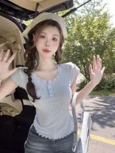 GUZILIAN | Fashionable Sweet Short Sleeve Top Stylish Gentle Summer New Pure Desire Shoulder Length T-Shirt Womens Korean Style Slim Fit