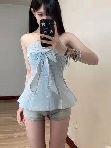 XIAOQIAOJIA | เสื้อกั๊กสายเดี่ยวผู้หญิงสีฟ้า Pure Desire Style ดีไซน์เก๋ไก๋ไม่ซ้ำใคร เสื้อคลุมกันหนาวแบบสวมหัว ทรงสลิมฟิต ฤดูร้อน 2024