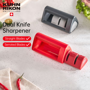 KUHN RIKON 2-Stage Knife Sharpener 2 in 1 Dual Sharpening Stone for Straight & Serrated Knives Collapsible Storage Knife Sharpening Tool Swiss Design