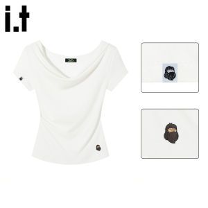 FINGERCROXX | White Short-sleeved T-shirt Drape Collar Straight Shoulders Slim Fit Short Length Wrinkled Waist