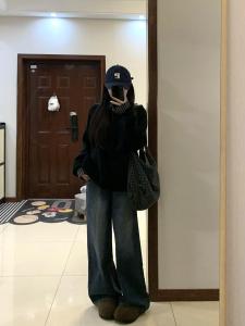 กางเกงยีนส์ทรงหลวมเอวสูงสไตล์อเมริกันย้อนยุค กางเกงขายาวทรงตรงสำหรับผู้หญิง ฤดูใบไม้ร่วง/ฤดูหนาว กางเกงขายาวทรงตรงทรงหลวม