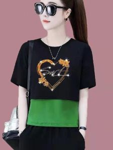 เสื้อยืดแขนสั้นผ้าฝ้ายลายการ์ตูนสำหรับคุณแม่ เสื้อผ้าทำงานสไตล์เกาหลีฤดูร้อน ชุดเดรสแขนกุดสำหรับคุณแม่