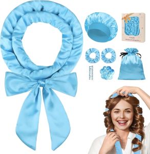 ที่ม้วนผมแบบไม่ใช้ความร้อน ซาติน สำหรับม้วนผมข้ามคืน ชุดม้วนผมแบบไม่ใช้ความร้อนสำหรับผู้หญิงผมยาว-8 ชิ้น สีฟ้า