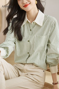 Ammin 2023 thiết kế mới dáng rộng dài tay peplum Áo voan sọc xanh lá cho phụ nữ