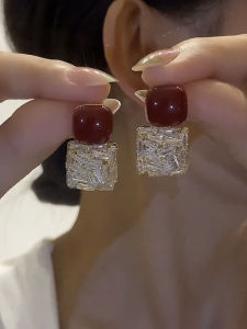 Fashionable Silver Needle Red Square Full Diamond Earrings Elegant Simple Design Personality Jewelry Ear Decor Autumn Winter New Arrival